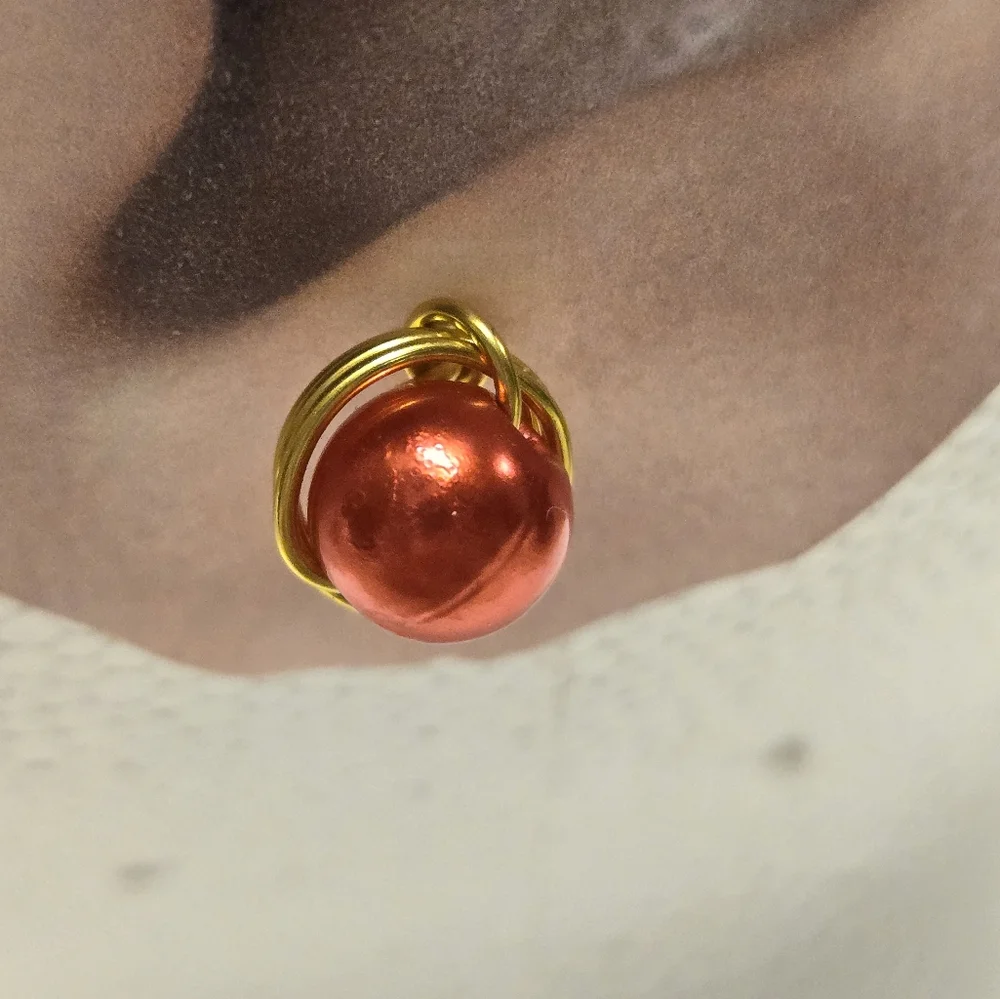 Hand Crafted Gold and Red Faux Pearl Post Earrings - Picture 9 of 10